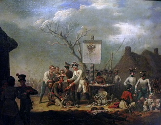 Galician Massacre (Polish: Rzeź galicyjska) by Jan Lewicki depicts the fictional rewarding of Polish peasants by Austrian authorities for massacring their lords, who had attempted an uprising to reestablish an independent Polish state.[10]