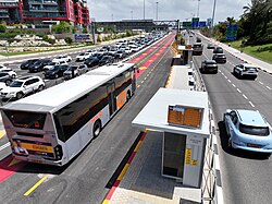 Dedicated bus lanes in Herzliya, Israel. The bus lanes allow the buses to avoid congested roads.