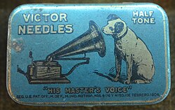 Metal tin of Victor brand phonograph needles, featuring "Nipper" c. 1915