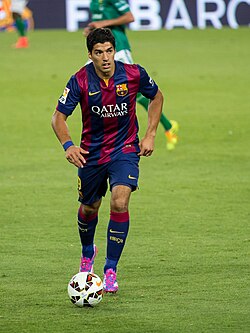 Luis Suárez joined the club in 2014. Messi, Suárez and Neymar, dubbed "MSN", formed a record-breaking strike force.
