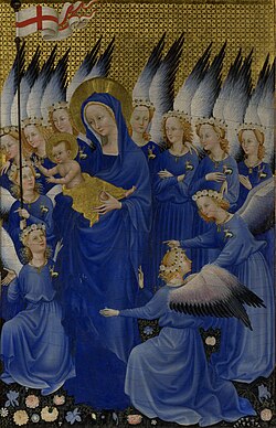 Angels wearing the heraldic badge of King Richard II holding the flag of Saint George surmounted by an orb displaying a miniature map of England. Wilton Diptych (c. 1395–1399)