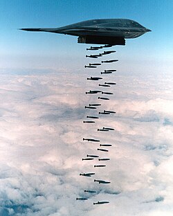 In a 1994 live fire exercise near Point Mugu, California, a B-2 drops 47 individual 500 lb (230 kg) Mark 82 bombs, which is more than half of a B-2's total ordnance payload.