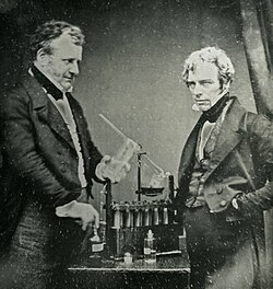 English chemist John Daniell (left) and physicist Michael Faraday (right), both credited as founders of electrochemistry