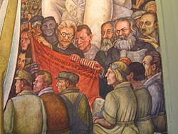 A Diego Rivera mural (Man, Controller of the Universe) depicts Trotsky with Marx and Engels as a true champion of the workers' struggle.