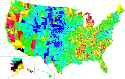 Unemployment rate in the US by county in 2008[63] 1.2–3% 3.1–4% 4.1–5% 5.1–6% 6.1–7% 7.1–8% 8.1–9% 9.1–10% 10.1–11% 11.1–13% 13.1–22.9%