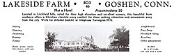A 1942 advertisement for recreational lodging in Goshen, Connecticut stating that the facility is not a hotel and caters to Christian clientele specifically.