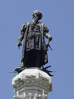 Statue of Afonso de Albuquerque, symbolically standing on a stack of weapons, referencing his reply in Hormuz