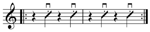 Quarter note "skank" guitar rhythm,[13] named onomatopoetically for its sound. Playⓘ