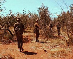 South African troops patrol the border region for PLAN insurgents, 1980s.