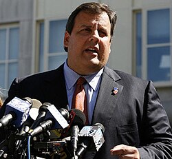 Christie speaking to reporters in Hoboken regarding the indictments against former Newark mayor Sharpe James in July 2007