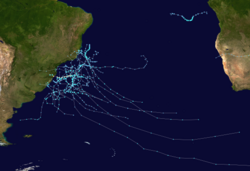 Summary map of most recognized South Atlantic tropical and subtropical cyclones from 1991–2026
