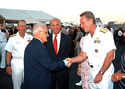 Edward Fenech Adami aboard the aircraft carrier USS John F. Kennedy (CV 67), 28 June 2004