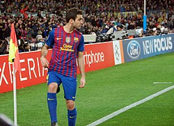 Fàbregas preparing to take a corner kick for Barcelona during a game against Bayer Leverkusen in March 2012