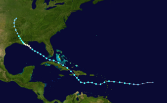 Map plotting the storm's track and intensity, according to the Saffir–Simpson scale