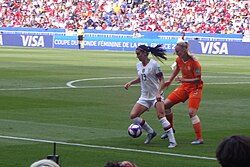 Morgan in the 2019 FIFA Women's World Cup Final up against dutch defender Stefanie van der Gragt