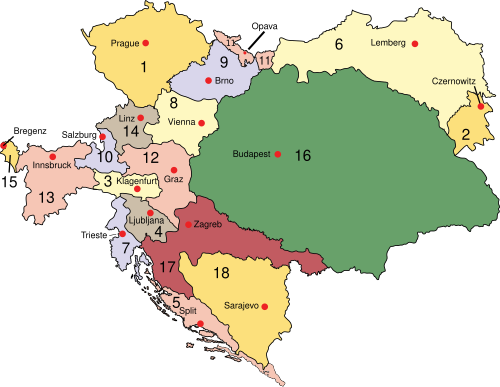 Austria–Hungary:Cisleithania (Empire of Austria): 1. Bohemia, 2. Bukovina, 3. Carinthia, 4. Carniola, 5. Dalmatia, 6. Galicia, 7. Austrian Littoral, 8. Lower Austria, 9. Moravia, 10. Salzburg, 11. Silesia, 12. Styria, 13. Tyrol, 14. Upper Austria, 15. Vorarlberg; Transleithania (Kingdom of Hungary): 16. Hungary proper 17. Croatia-Slavonia; Austrian-Hungarian Condominium: 18. Bosnia and Herzegovina