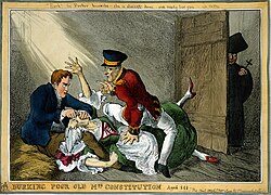 Burking Poor Old Mrs Constitution by William Heath, 1829. Satirical cartoon showing Wellington and Peel, as the murderers Burke and Hare, extinguishing the constitution for Catholic emancipation.