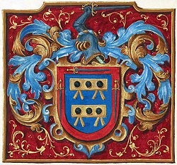 Illustration from a manuscript grant of arms by Philip II of Spain to Alonso de Mesa and Hernando de Mesa, signed 25 November 1566. Digitally restored.