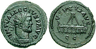 Æ quinarius of Allectus, Camulodunum (Colchester) mint. Obv.: IMP C ALLECTVS P F AVG, radiate, cuirassed bust right. Rev.: VIRTVS AVG, galley rowing left; QC in exergue.
