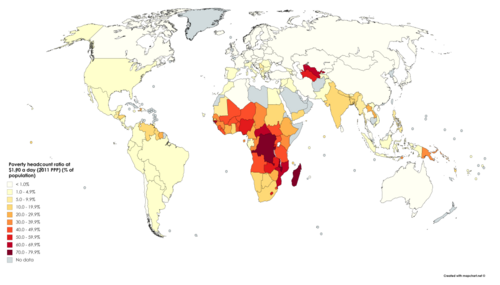Poverty headcount ratio at $1.90 a day (2011 PPP) (% of population). Based on World Bank data ranging from 1998 to 2018.[14]