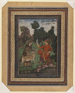 Mughal emperor Jahangir in the desert hunting deer with a falcon., Brooklyn Museum, c. 1600.