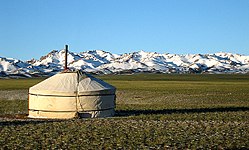 A ger in front of the Gurvan Saikhan Mountains