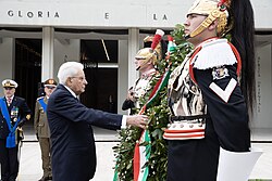 Italian president Sergio Mattarella at a National Unity and Armed Forces Day ceremony. The holiday takes place on 4 November, the anniversary of the Armistice of Villa Giusti in 1918.
