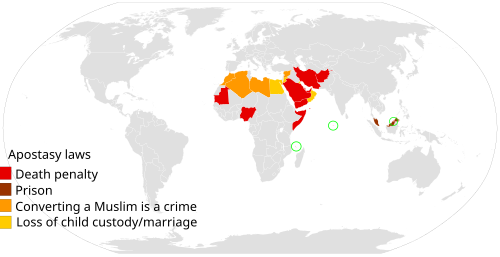 Penalties for apostasy in Muslim-majority countries as of 2020.[255] Many other Muslim countries impose a prison term for apostasy or they prosecute it under blasphemy or other laws.[257]