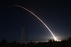 A Minuteman III ICBM test launch from Vandenberg Space Force Base, United States. MIRVed land-based ICBMs are considered destabilizing because they tend to put a premium on striking first.