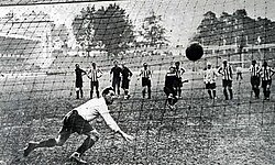 Belgian striker Robert Coppée opens the scoring of the final, with a penalty kick against goalkeeper Rudolf Klapka