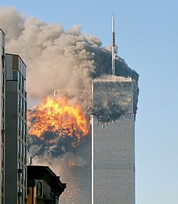 The World Trade Center, in Lower Manhattan, during the September 11 attacks in 2001