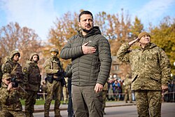 Ukrainian president Volodymyr Zelenskyy, participating in reraising the Ukrainian flag in Kherson a few days after the city's liberation