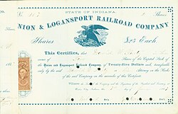 Share of the Union & Logansport Railroad Company, issued 7 June 1867