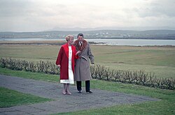 During the Reykjavík Summit, President Ronald Reagan walks with Vigdis at Bessastaðir