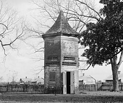 1937 photograph of one of two identical pigeonniers at Uncle Sam Plantation in Convent, Louisiana. One of the most ornate and complete plantation complexes left at that time, it was bulldozed in 1940 for levee construction.