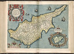 Cypri insvlae nova descript. 1573, Ioannes à Deutecum f[ecit]. "Map of the island of Cyprus, newly drawn by Johannes van Deutecom in 1573."