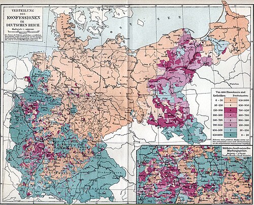 Confessions in the German Empire (Catholic/Protestant; c. 1890). Lower Silesia was mostly Protestant, while Glatz (Kłodzko) and Upper Silesia were mostly Catholic.