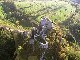 Srebrenik Fortress in Srebrenik, Bosnia: inaccessibility of location with only a narrow bridge traversing deep canyon provides excellent protection.