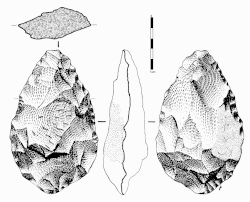 Hand axe probably roughed-out using a hard hammer and then retouched using a soft hammer.
