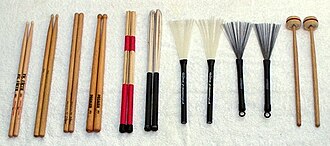 Tools of the trade: 7A, 5B, "double bummer", and side drum No. 3 sticks, standard 19 cane rutes, sheathed 7 cane rutes, nylon brushes, steel brushes, and cartwheels.
