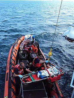 Haitian survivors were transferred to rescue ships for medical aid.