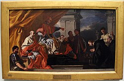 Gregory III (seated high centre) blesses the mission of Willibald (kneeling right) to the Saxons. (Francesco Solimena, 1701–05)