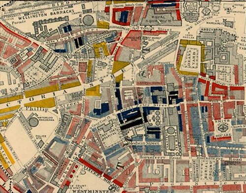 Part of Charles Booth's colour-coded poverty map, showing Westminster in 1889 – a pioneering social study of poverty that shocked the population