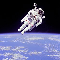 The astronaut and Earth are both in free fall. (Pictured: Astronaut Bruce McCandless.)