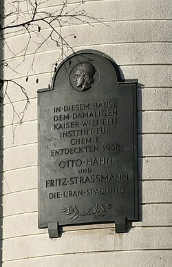 Plaque commemorating Hahn and Strassmann's discovery of fission in Berlin (unveiled in 1956)