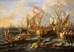 Oil painting showing various soldiers engaged in a naval battle as one ship sinks in the foreground
