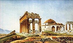 The second Parthenon mosque in the ruined Parthenon, which was destroyed by a Venetian bombardment in 1687, depicted by Pierre Peytier in the 1830s