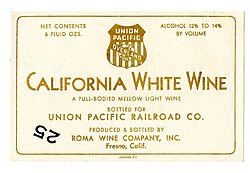 Wine label, Roma Wine Company, bottled for Union Pacific RR circa 1940s