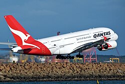 Qantas Airbus A380 taking off at Sydney Airport