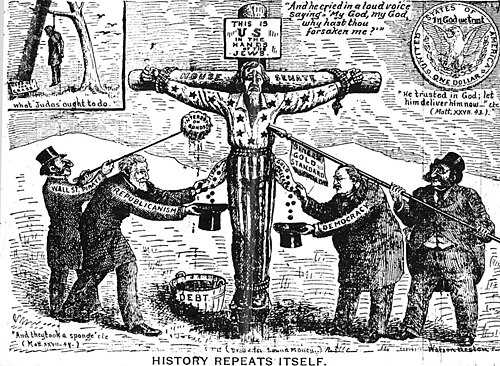 An antisemitic political cartoon in an issue of "Sound Money" magazine which appeared in 1896. "This is the U.S. in the Hands of the Jews", portraying Uncle Sam being crucified like Jesus. Two figures labeled "Wall Street Pirates" with caricatured Jewish features poke him with a spear and raise a poisoned sponge to his lips. The tub of poison is labeled "Debt", the poisoned sponge "Interest on Bonds", and the spear "Single Gold Standard". Below, figures labeled "Republicanism" (Caricature of James G. Blaine) and "Democracy" (Caricature of Grover Cleveland) pick Uncle Sam's pockets.